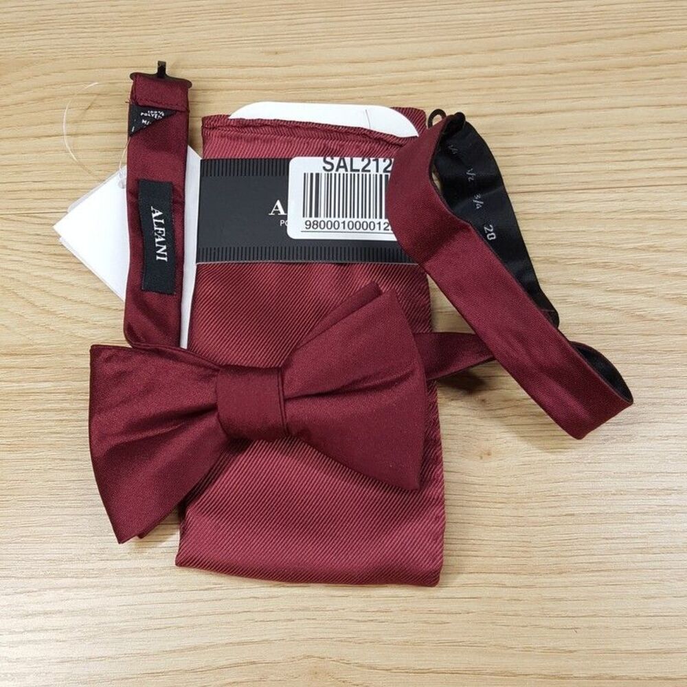 ALFANI Mens Bow Tie & Pocket Square Burgundy Matching Set